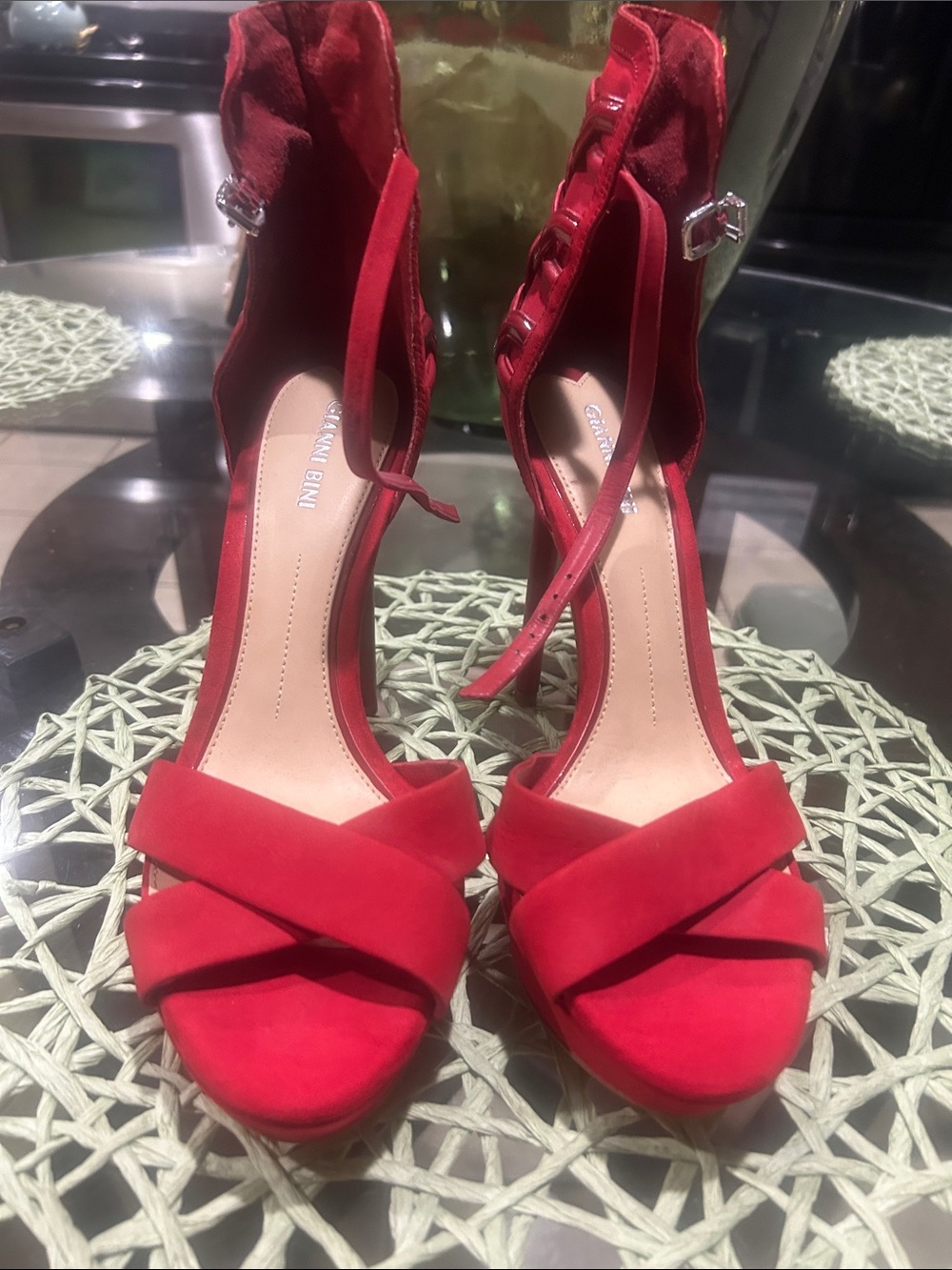 Gianni Bini Red Suede Crisscross Ankle-Strap Heels